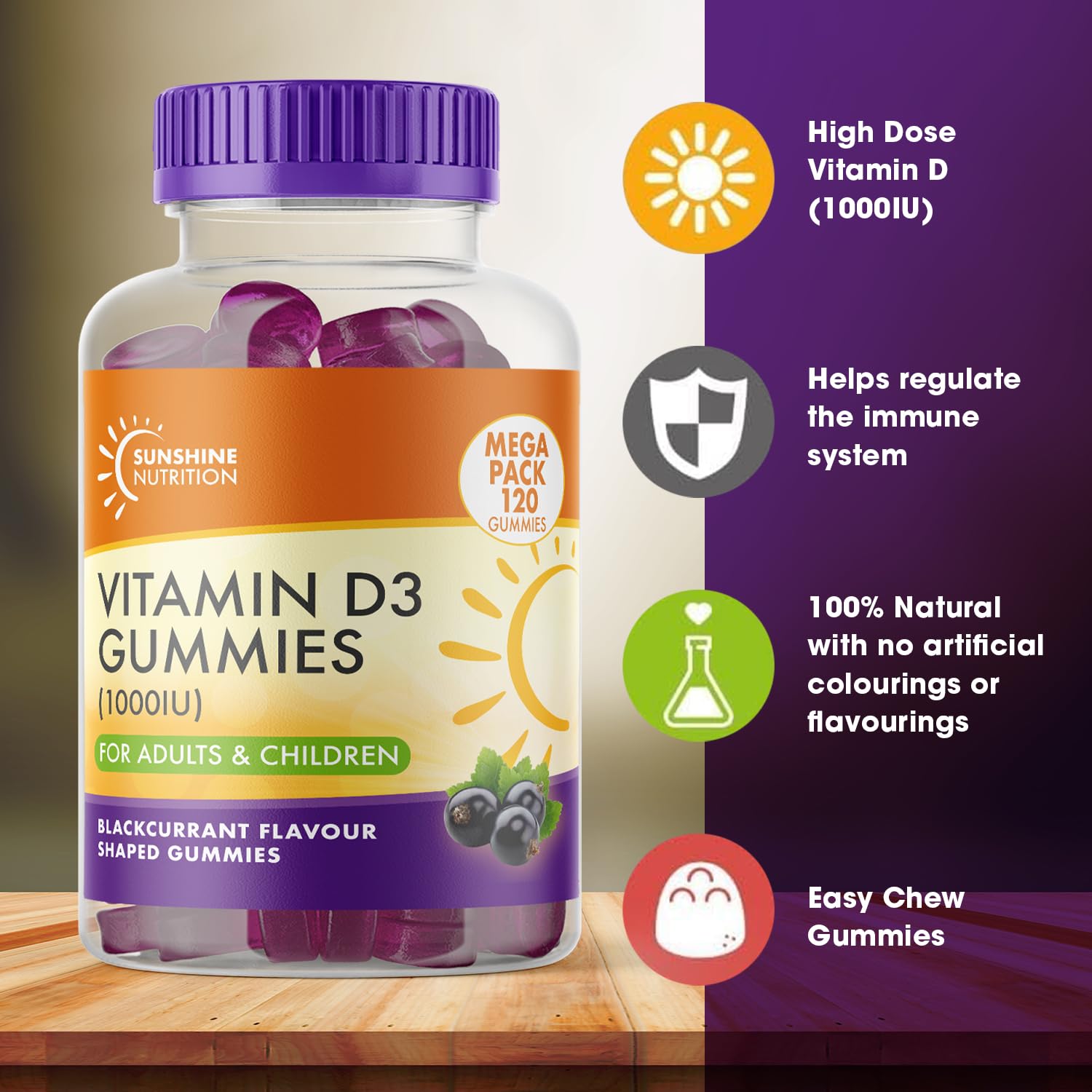 Sunshine Nutrition Vitamin D 120 Gummies for Adults and Children Blackcurrant Flavour