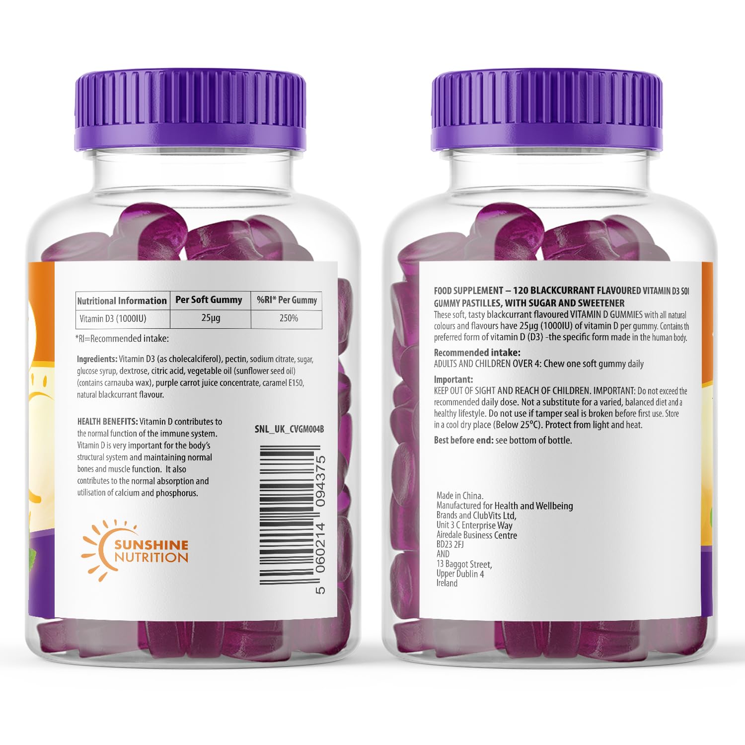 Sunshine Nutrition Vitamin D 120 Gummies for Adults and Children Blackcurrant Flavour