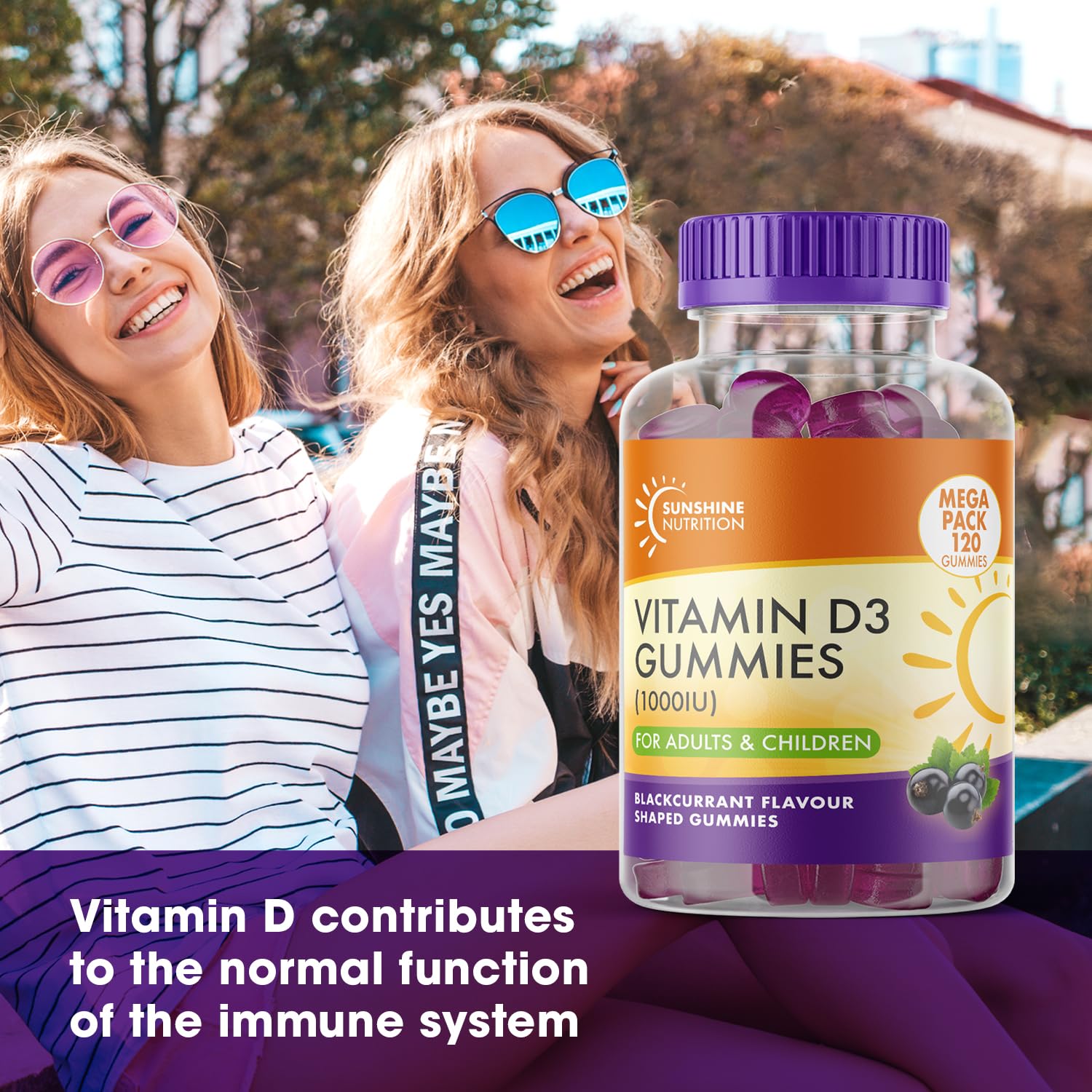 Sunshine Nutrition Vitamin D 120 Gummies for Adults and Children Blackcurrant Flavour