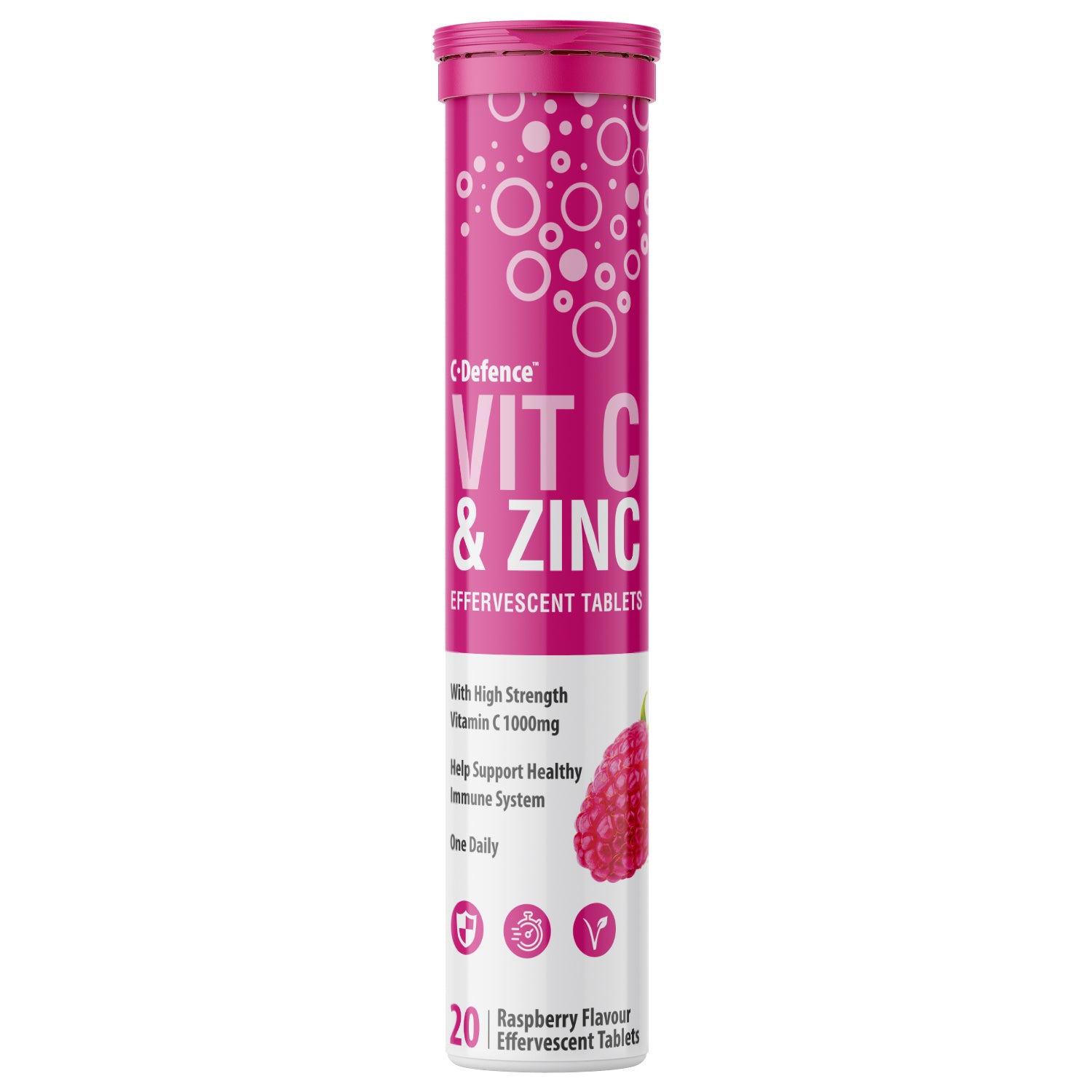 C- Defence Vitamin C 1000mg & Zinc 15mg Raspberry Flavour Effervescent 20 Tablets