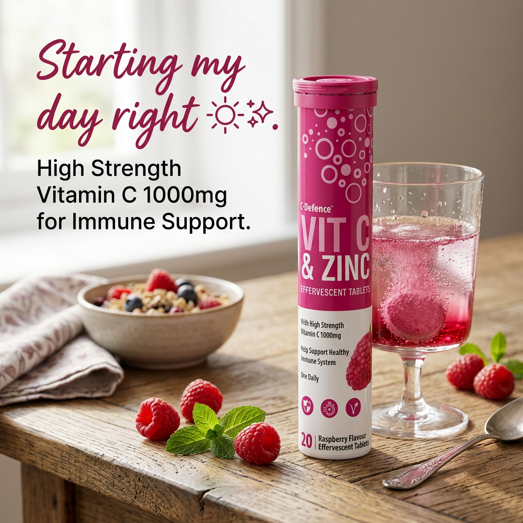 C- Defence Vitamin C 1000mg & Zinc 15mg Raspberry Flavour Effervescent 20 Tablets