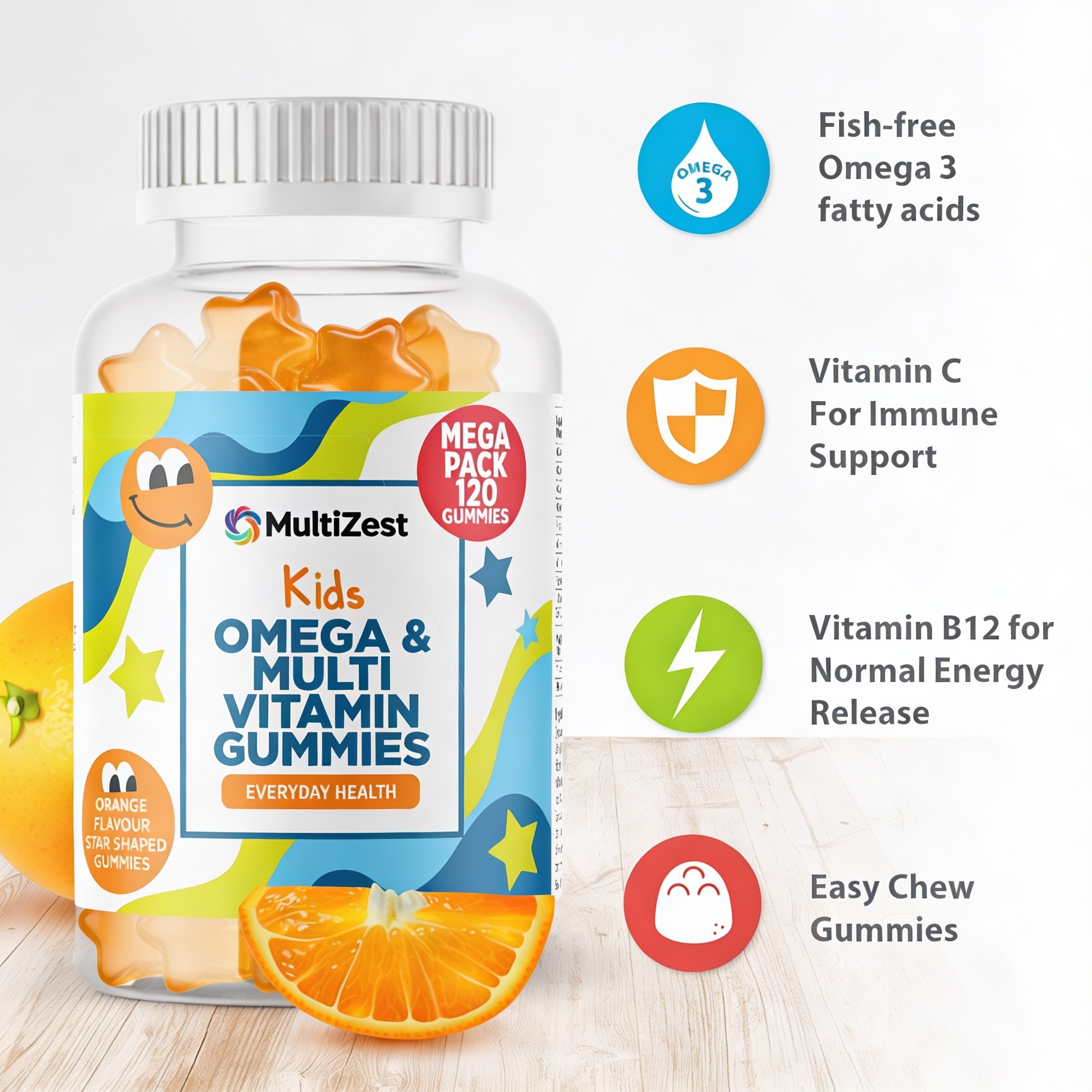 MultiZest Children Omega & Multivitamin Gummies – Orange Flavour (120 Gummies)